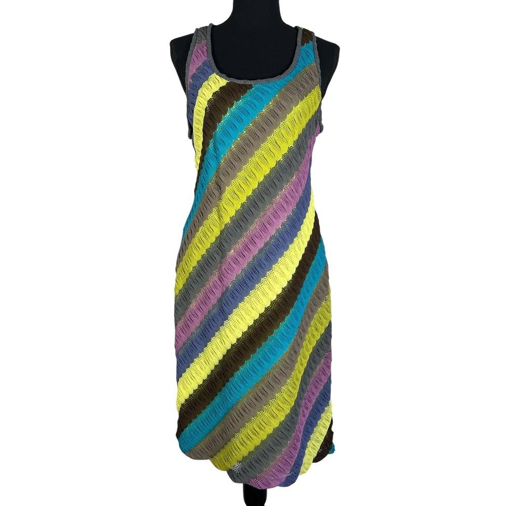 Muse Y2K Pointelle Crochet Striped Mini Beach Dress Lime Multicolor Sz 10